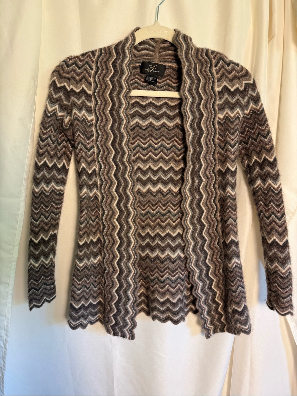 Pure Cashmere Brown Chevron Open-Front Women's Cardigan Sweater Size S